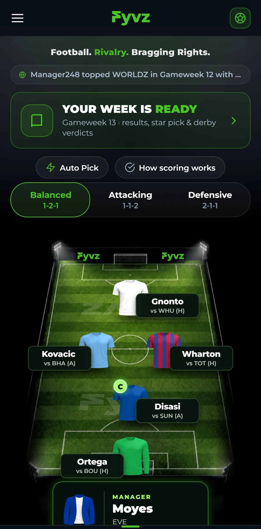 The FYVZ My Team screen — five players and a manager on the pitch